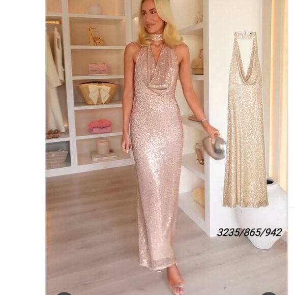 Zara Sequin Halter Maxi Dress NWT Beige Pink Size Medium - Picture 3 of 16